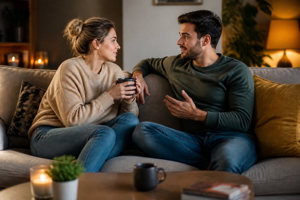 Een koppel zit ontspannen op de bank in een warm verlichte woonkamer, ze kijken elkaar aan en praten openlijk, met een kopje thee op tafel