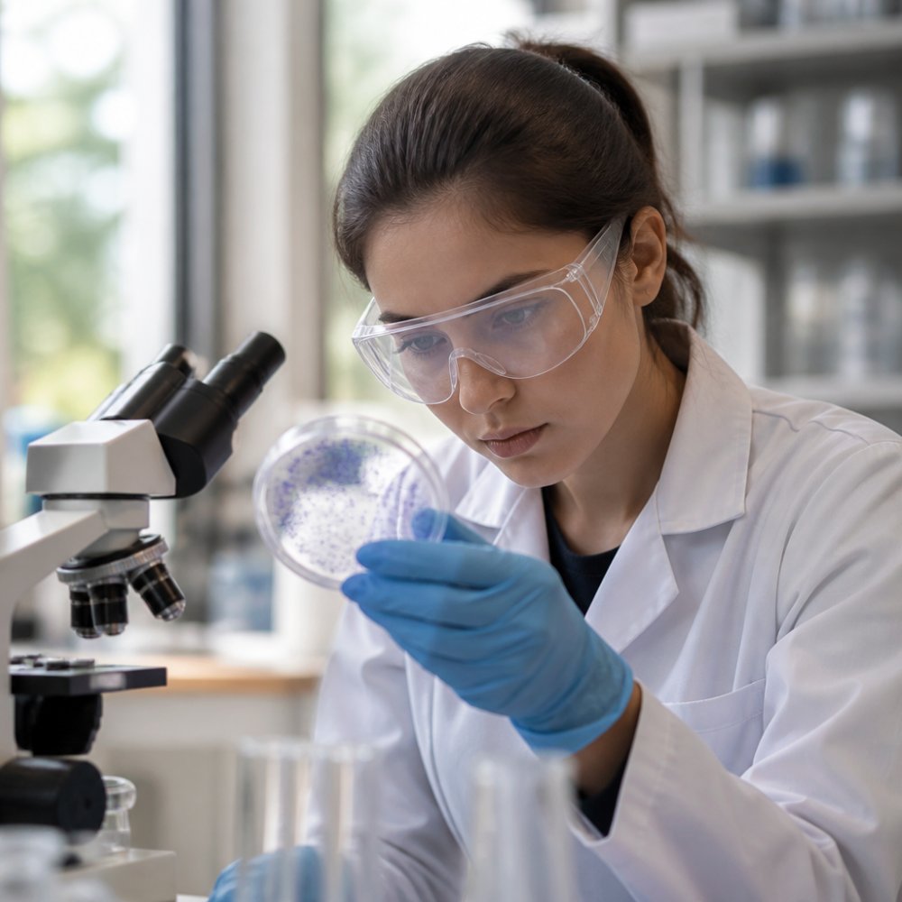 Researcher in a lab coat examining a petri dish to study the selank mechanism and its impact on neuroplasticity.