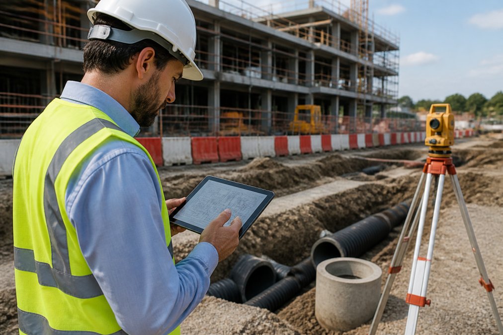 Professional site engineer reviewing detailed drainage plans and specifications on a tablet at an active construction site, with surveying equipment, site hoardings, and building works visible in the background, natural daylight