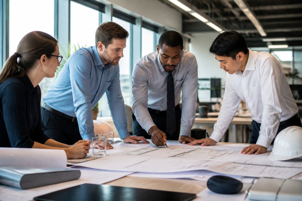 Multi-disciplinary project team in a modern office environment gathered around a large monitor displaying detailed BIM models, with architectural drawings, drainage system plans, and technical specifications visible on screens and printed materials, natural office lighting