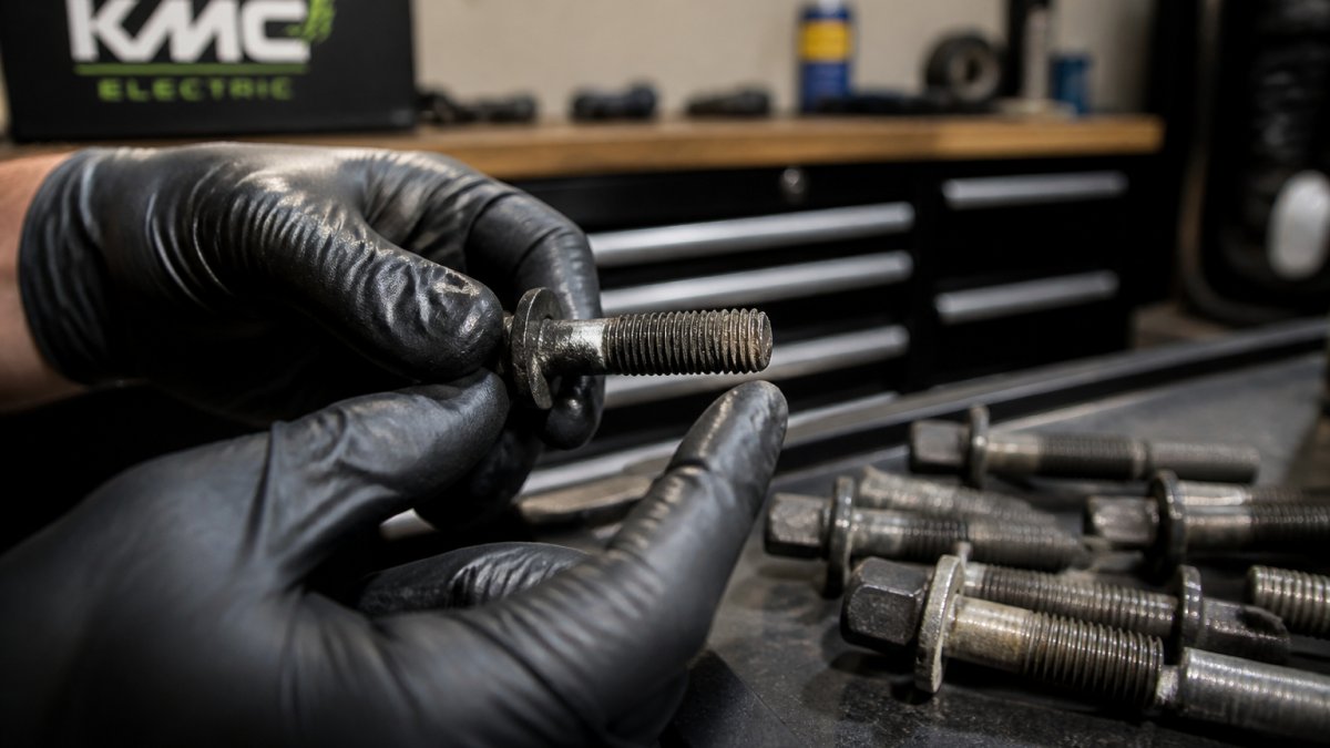 Close-up photograph of a technician's hands holding a used Tesla drivetrain bolt under bright workshop light, pointing out worn threads and surface corrosion