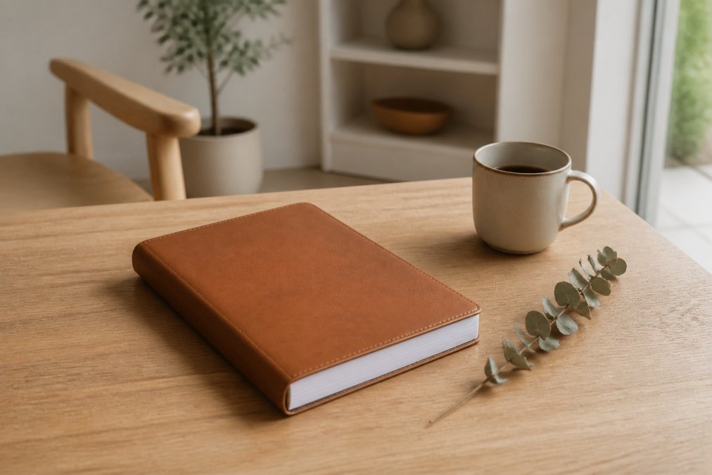 Vegan leather journal and ceramic mug on a light wood desk with a dried eucalyptus stem in a minimalist room