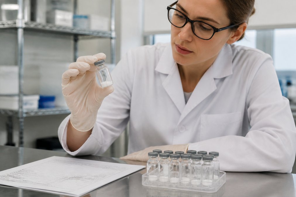 Researcher examining a peptide vial and certificate of analysis while selecting peptides for signaling pathways