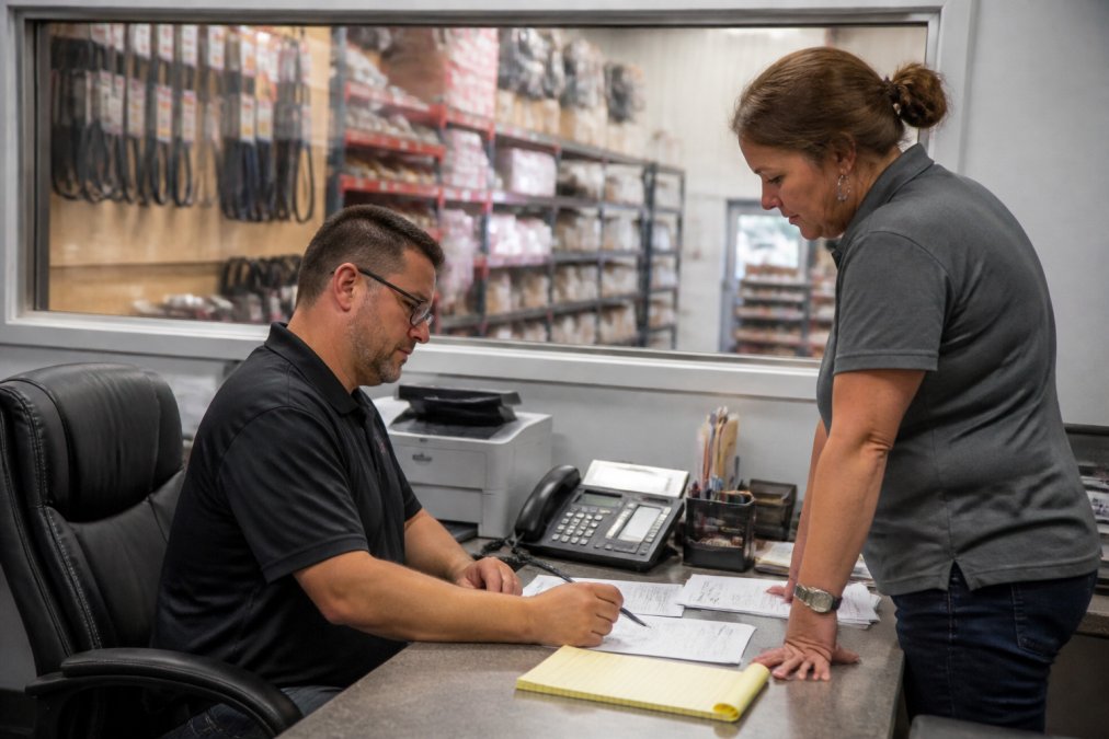 A shop owner and operations manager reviewing real-time inventory and sales analytics on a desktop monitor in a busy auto parts store office, with parts shelves visible through the window behind them