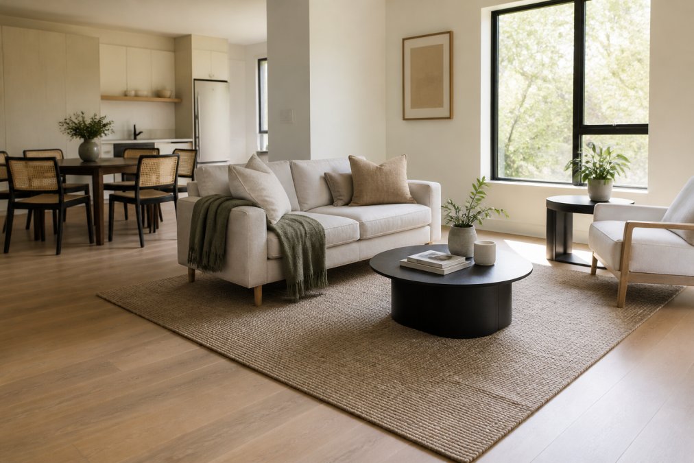 A compact open-plan apartment living area with a large flatweave rug defining the seating zone, a low sofa with front legs on the rug, a coffee table and a separate dining table visible in the background, warm natural light through a window
