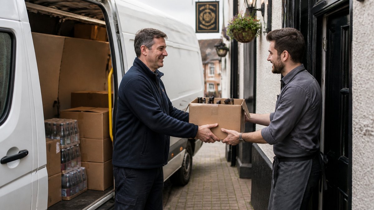 A white delivery van parked outside a West Midlands pub, a driver in plain uniform handing a box of wine bottles to a bar manager at the side entrance, overcast morning light