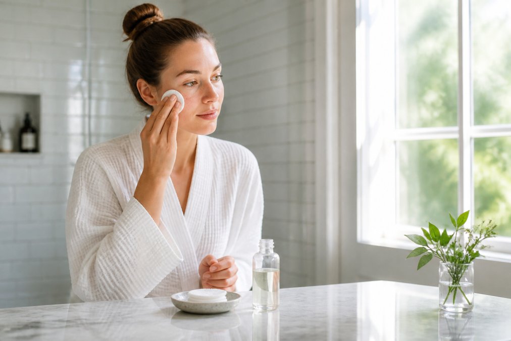 Person carefully applying a gentle skincare product to their face in a bright, minimalist bathroom with natural light streaming through a window, with soft cotton pads and a small glass bottle visible on the marble counter
