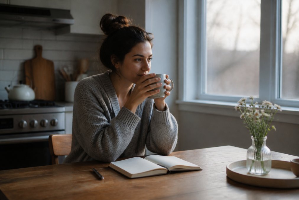 A tired but peaceful working mom sitting at a kitchen table in the early morning, hands wrapped around a warm mug, a small open journal and pen beside her, soft natural light coming through the window