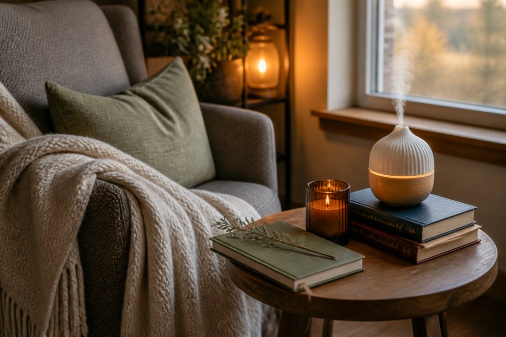 A cozy reading nook corner with a soft throw blanket, a lit essential oil diffuser, a stack of books, and a nature-inspired journal on a small side table, warm ambient lighting