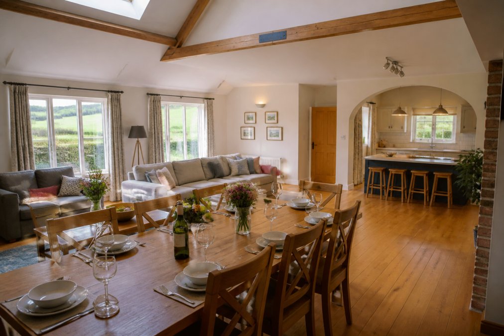 Bright open-plan living area with multiple seating zones, large wooden dining table set for eight, modern kitchen visible through archway, natural light from large windows, comfortable sofas arranged conversationally