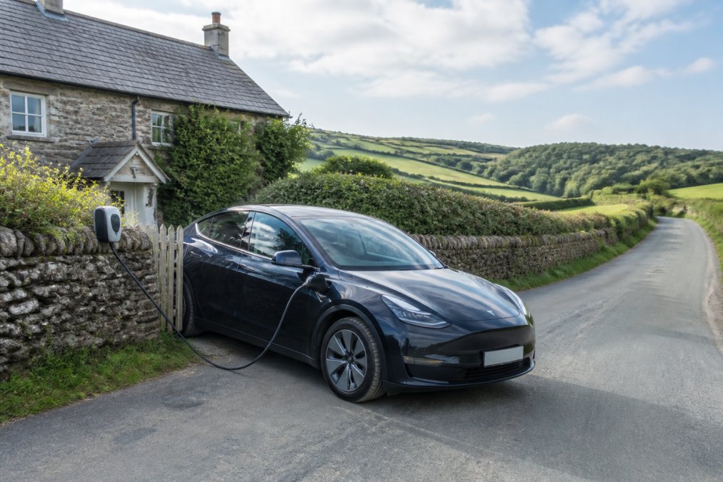 An electric car parked on a quiet country lane in South Devon with rolling green hills and a stone cottage in the background, charging cable visible