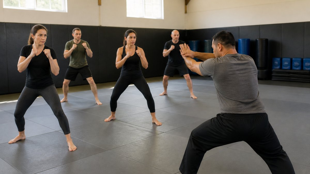 Instructor demonstrating techniques to beginners during self defense classes on a padded dojo mat
