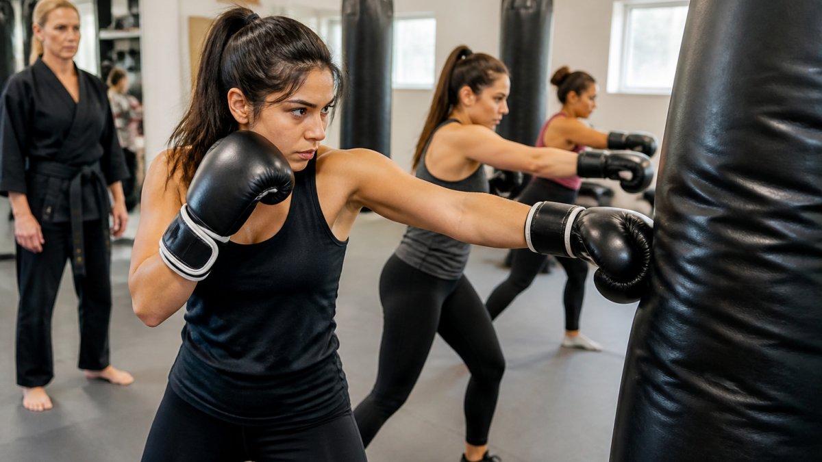 Women in a modern martial arts studio practicing striking combinations on heavy bags, wearing athletic gear, instructor observing form in background with natural studio lighting