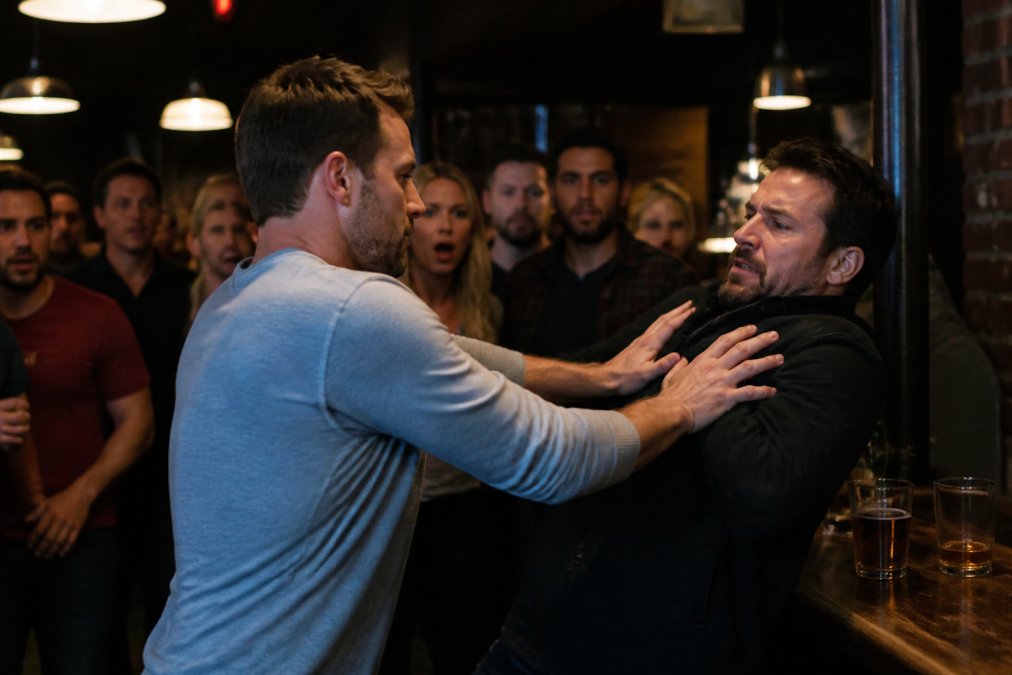 Two men in a crowded bar setting, one appearing to push back against the other with visible tension, bystanders in the background watching the confrontation unfold under dim overhead lighting