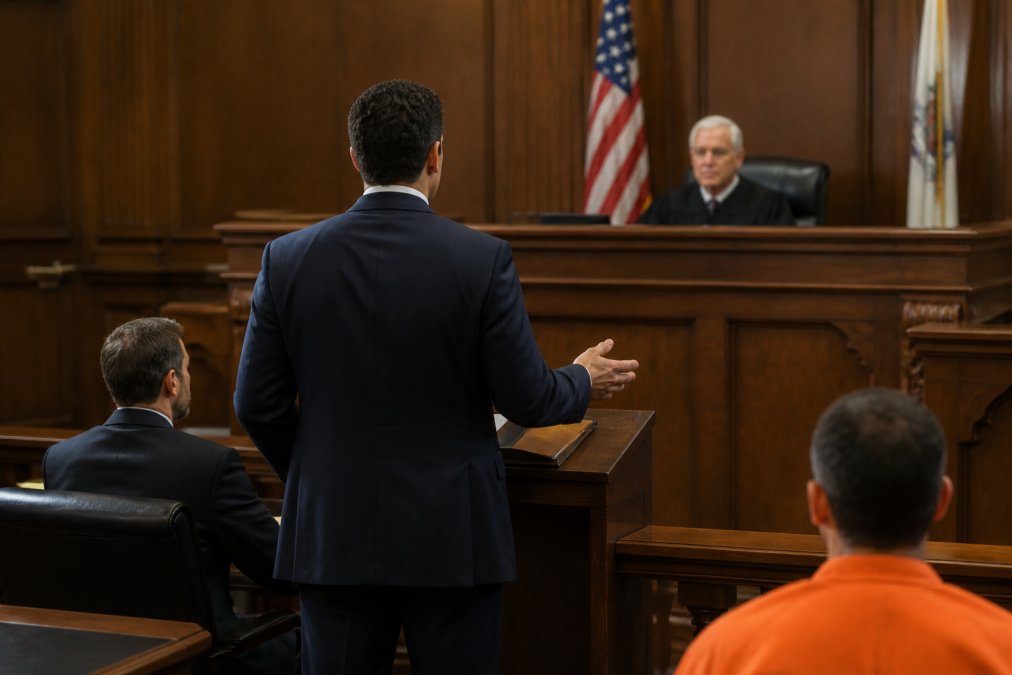 Interior of a modern courtroom with an attorney standing at a wooden podium addressing a judge seated at an elevated bench, with the defendant visible at the defense table, professional lighting from overhead fixtures