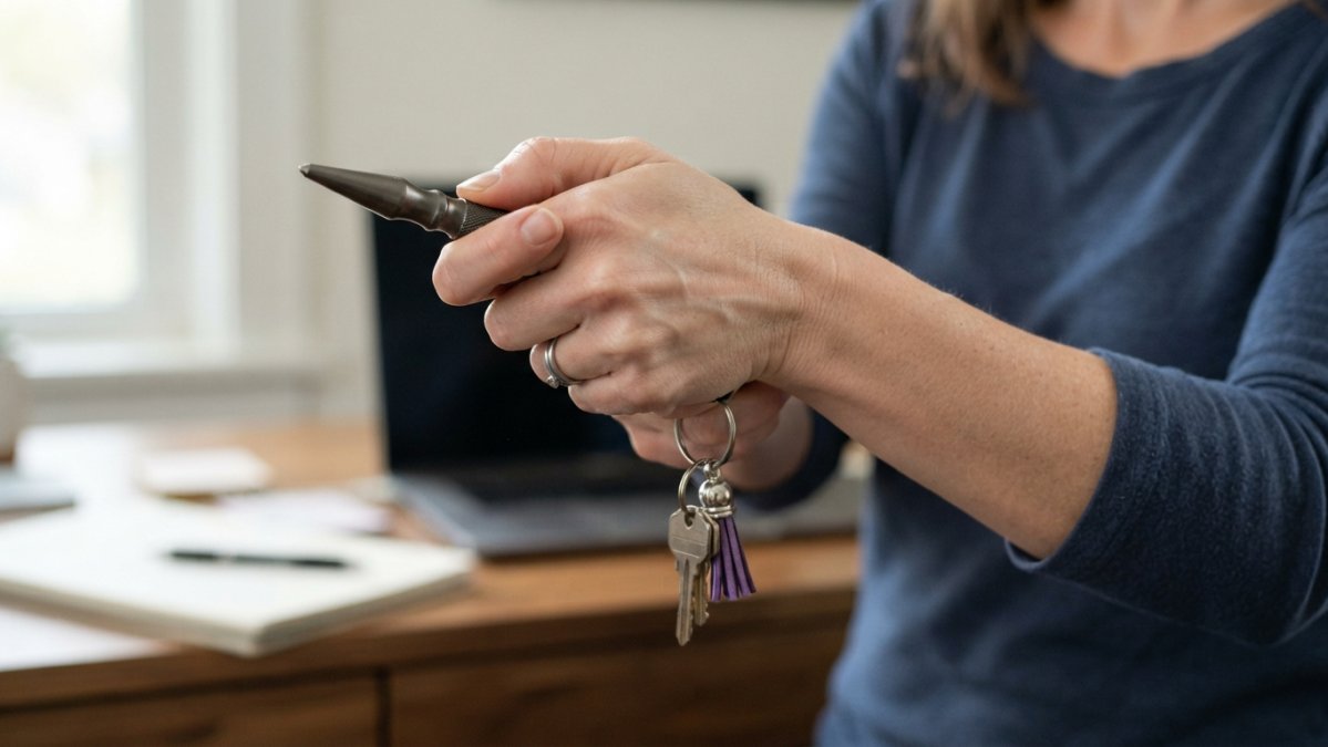 Close-up of hands demonstrating proper grip technique on a personal safety keychain tool, showing finger positioning and wrist alignment with natural office lighting