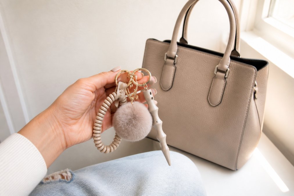 A young woman's hand holding a coordinated safety keychain set with a wrist coil and kubaton against a light neutral background, with a structured leather handbag visible beside it, photographed in soft natural window light