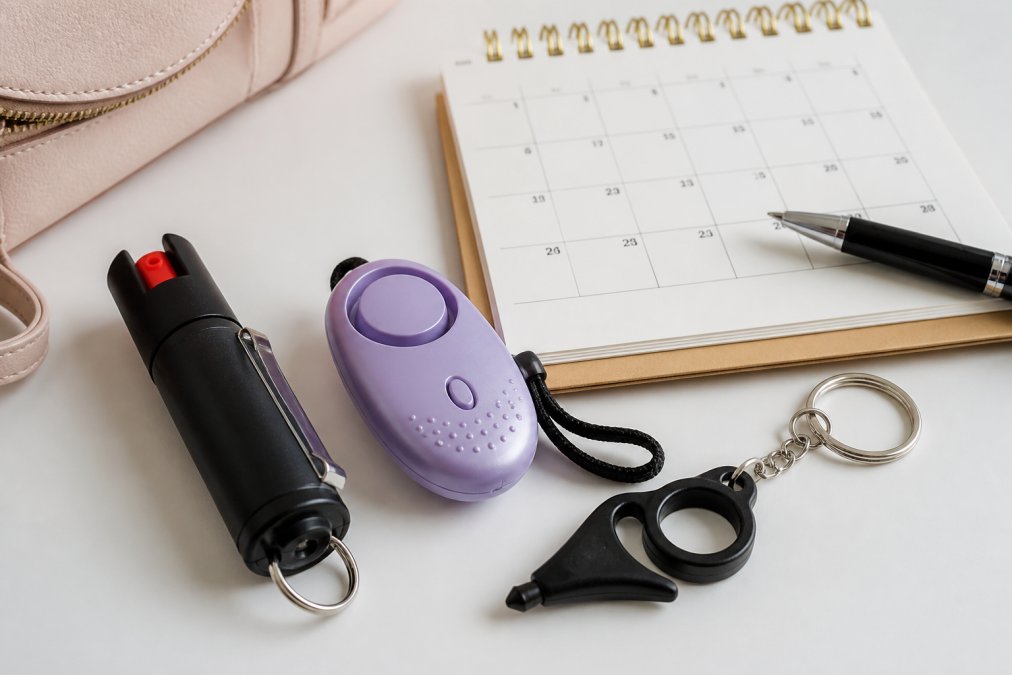 Close-up of a small pepper spray canister, a compact personal alarm, and a safety keychain tool laid out on a flat white surface next to a small desk calendar open to a monthly view and a pen, photographed in bright overhead light