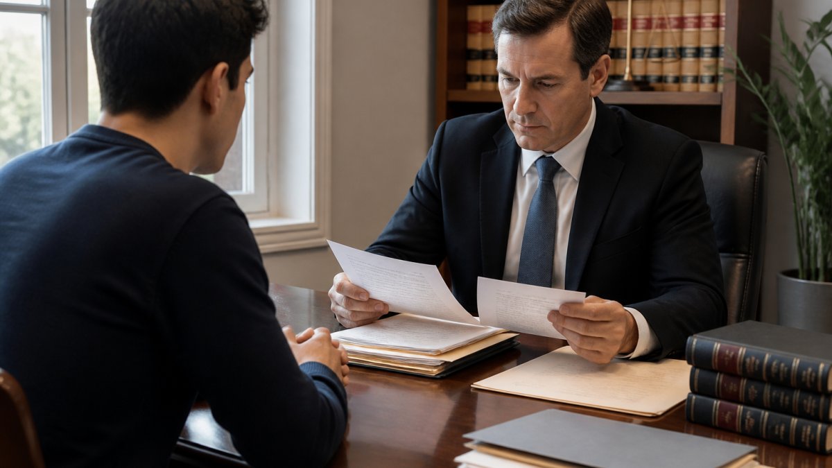 Defense attorney and client reviewing legal files to discuss the self-defense legal definition in a law office.