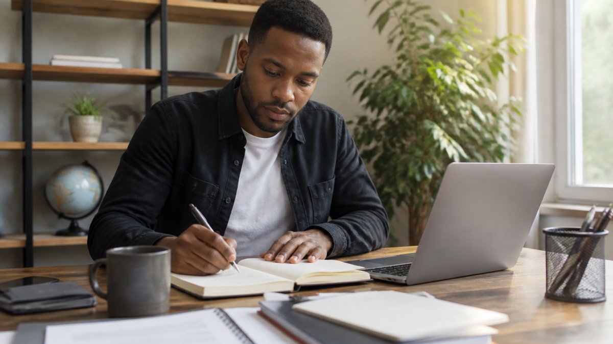 Entrepreneur focused on self-directed business discovery while reviewing market research in a modern home office.