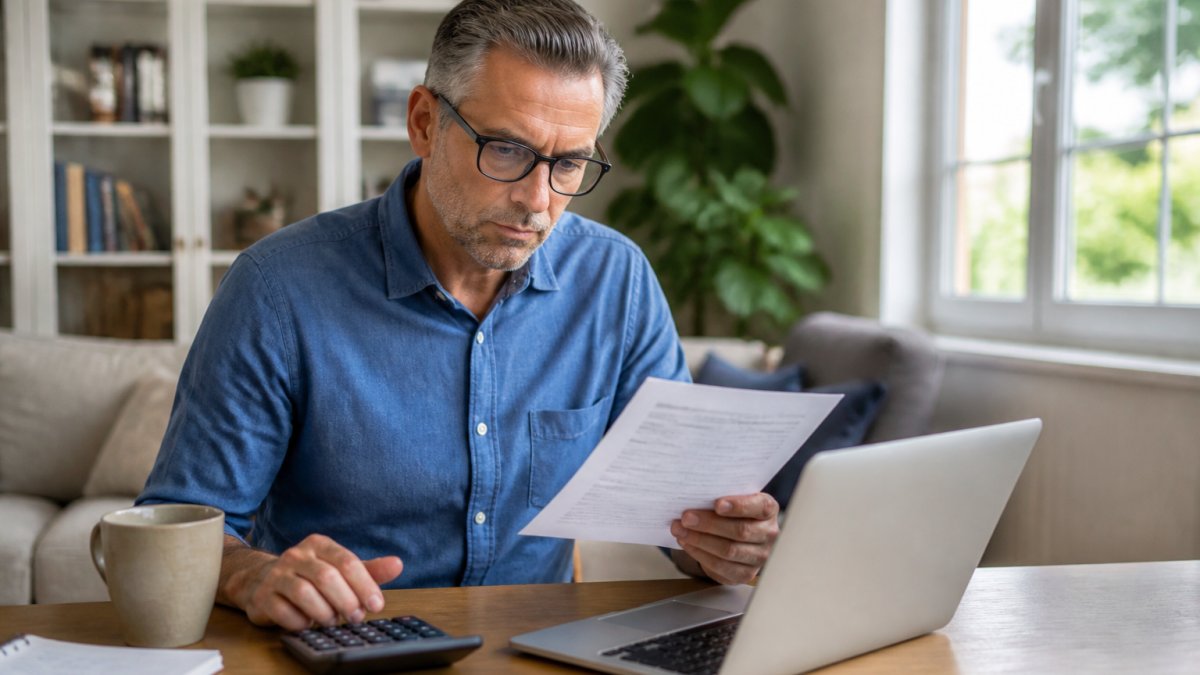 A self-employed person at a home desk reviewing health insurance paperwork on a laptop, with a calculator and coffee mug nearby, natural daylight from a window