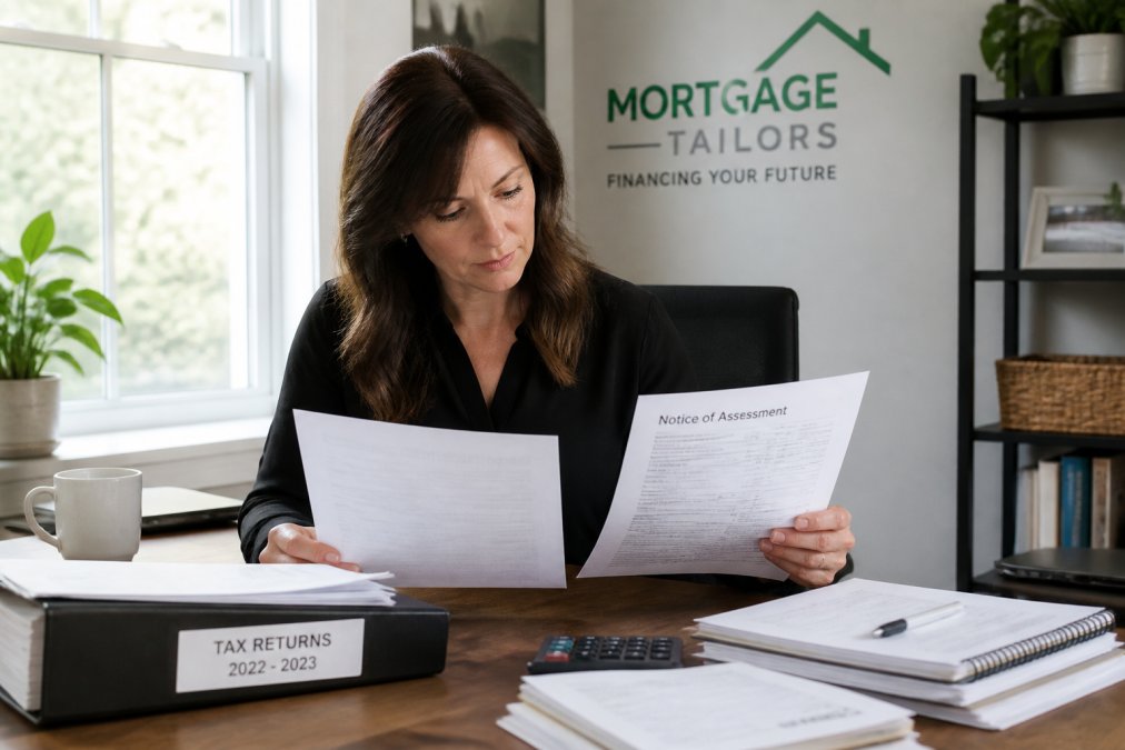 A self-employed business owner at a home office desk reviewing tax documents and a Notice of Assessment with a laptop open, natural window light, organized paperwork visible
