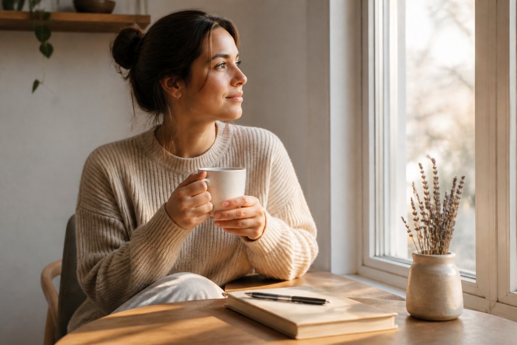 Infographic showing a daily self-care ritual process for grounding with a journal, warm beverage, and quiet reflection.