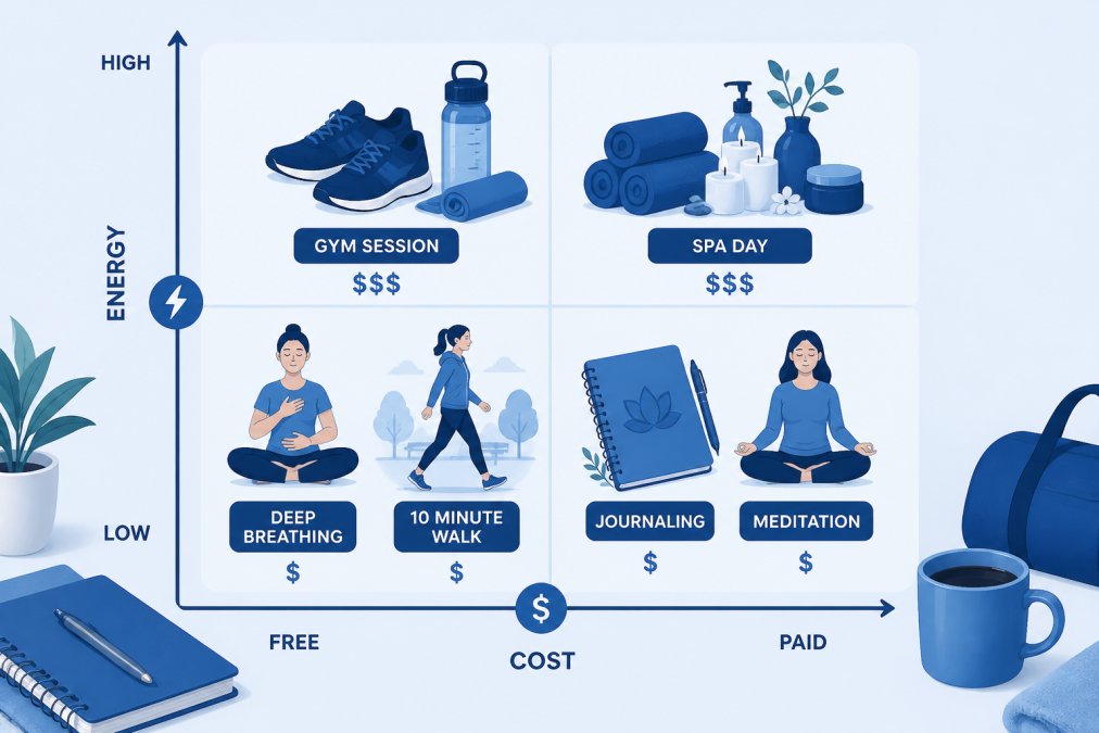 Matrix comparing cost and energy levels of stress relief hacks for skeptical moms, from free walks to paid spa days.