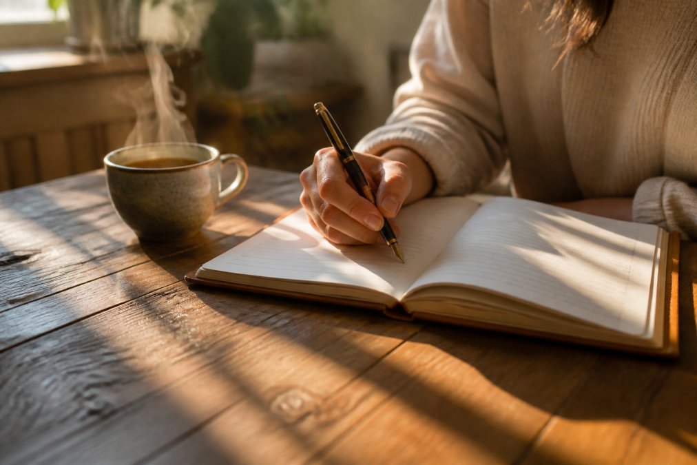 A person sitting at a sunlit wooden desk writing in an open journal with a fountain pen, a steaming mug of tea nearby, soft morning light casting long shadows across the pages