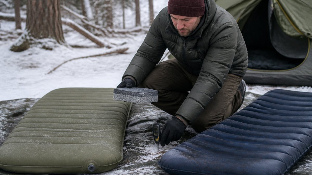 Camper in winter setting comparing insulation properties of sleeping pads, examining foam density and checking ground temperature with thermometer near tent