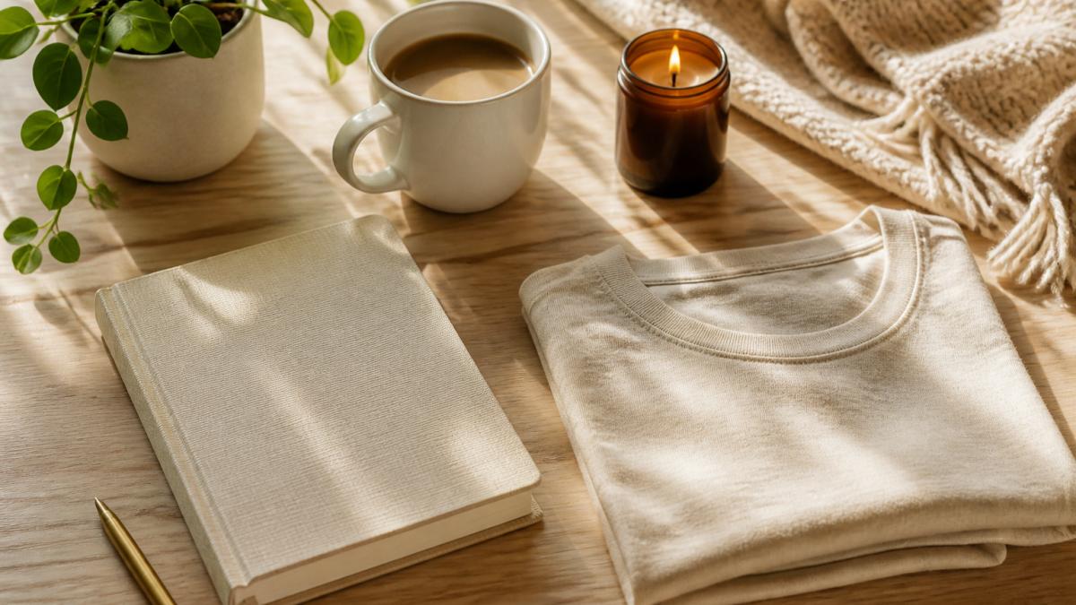 A flat-lay on a light wood table showing a cream hardcover journal, a white ceramic mug of coffee, a lit amber glass soy candle, and a folded soft tee, styled with a small green plant and warm morning light