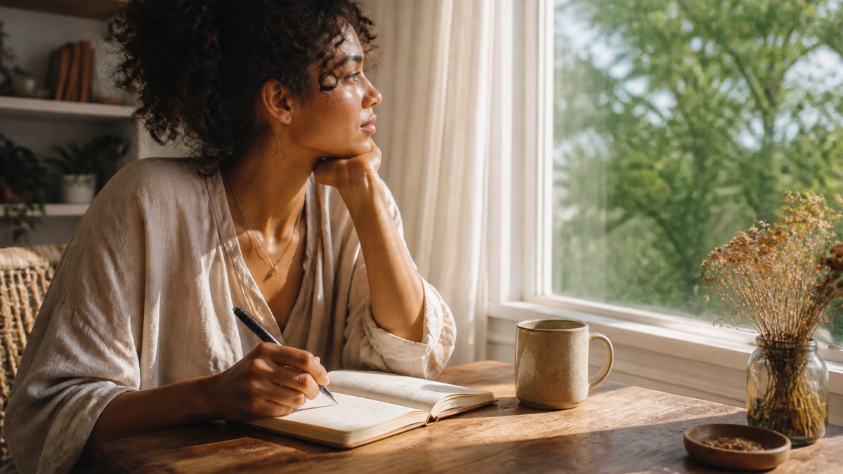 Person sitting by a window with a journal and warm beverage, practicing morning self-love rituals in soft natural light