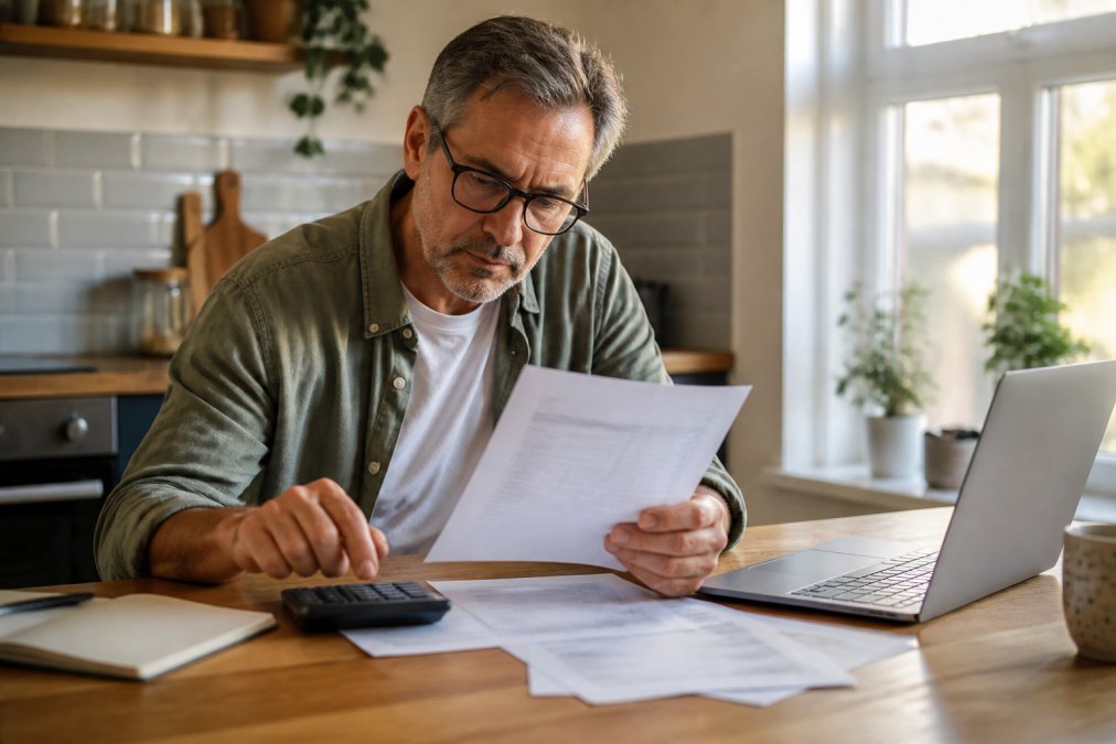 A landlord reviewing a printed management fee statement at a kitchen table, calculator and laptop nearby, natural daylight