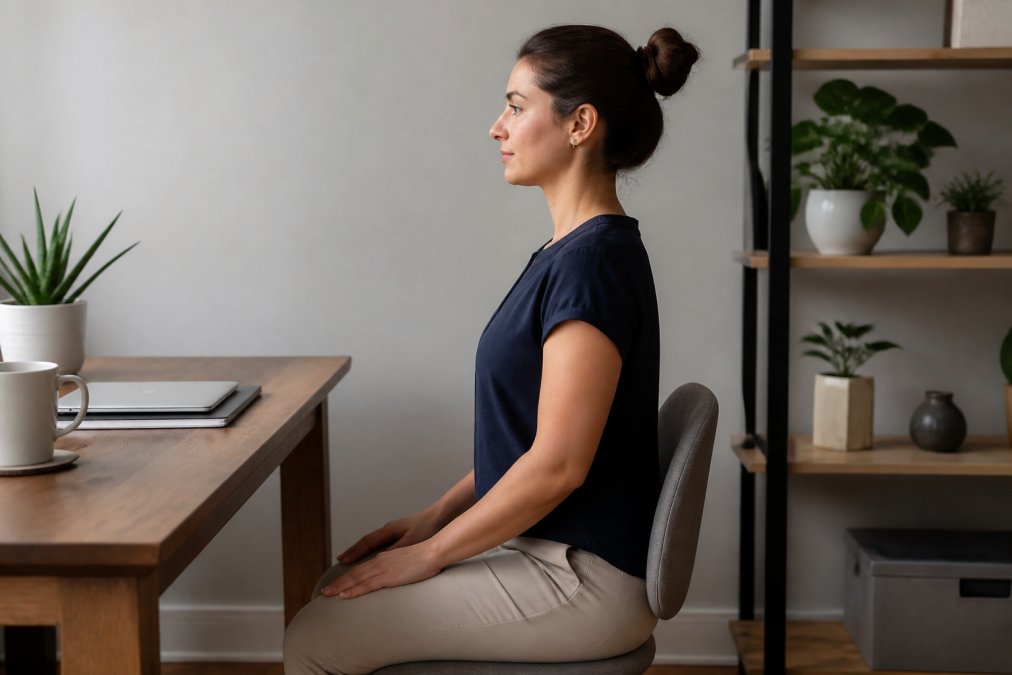 Person seated at desk in proper ergonomic posture with shoulders relaxed and spine aligned, demonstrating correct positioning before self-massage