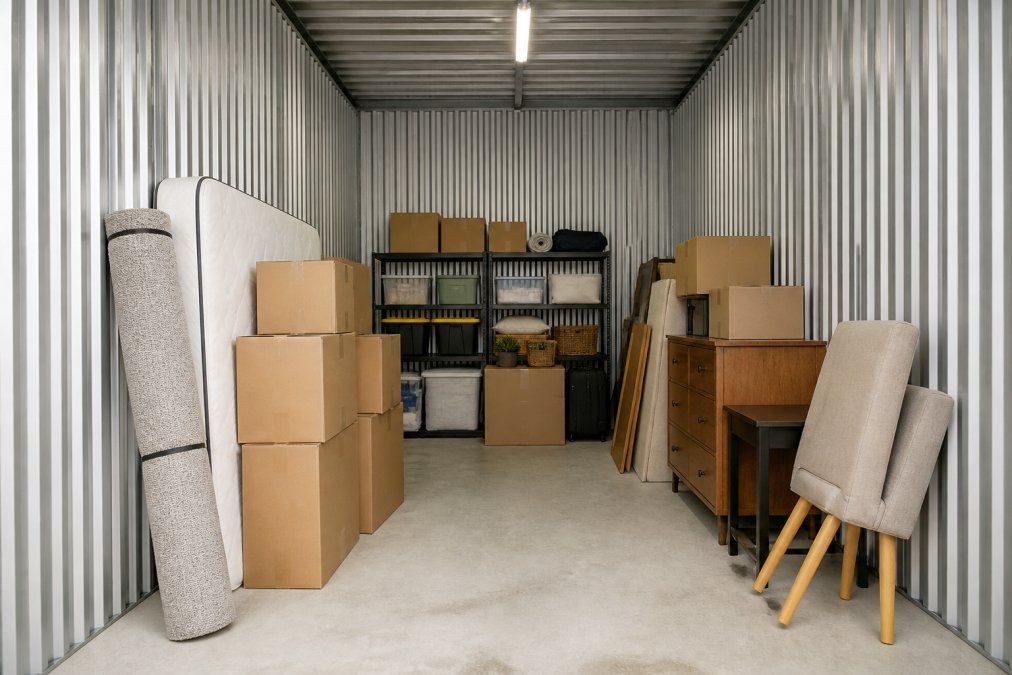 Clean, well-lit self-storage unit interior with organised cardboard boxes, furniture, and household items neatly stacked, showing scale and capacity with bright overhead lighting