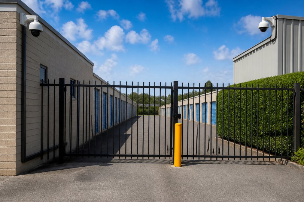 Modern secure storage facility entrance with prominent gated access, visible CCTV cameras mounted on corners, clean professional appearance, bright daylight