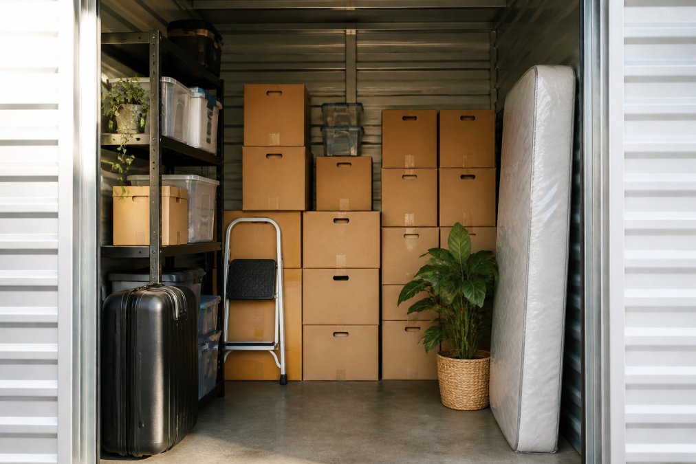 Interior view of a well-organised small storage unit with cardboard boxes stacked neatly against walls, clear labelling visible on each box, and efficient use of vertical space with shelving units