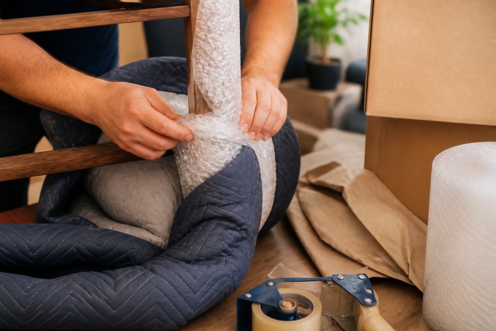 Close-up of hands wrapping a wooden chair leg with protective bubble wrap and thick blankets, with moving boxes, kraft paper, and packing materials visible on a table nearby