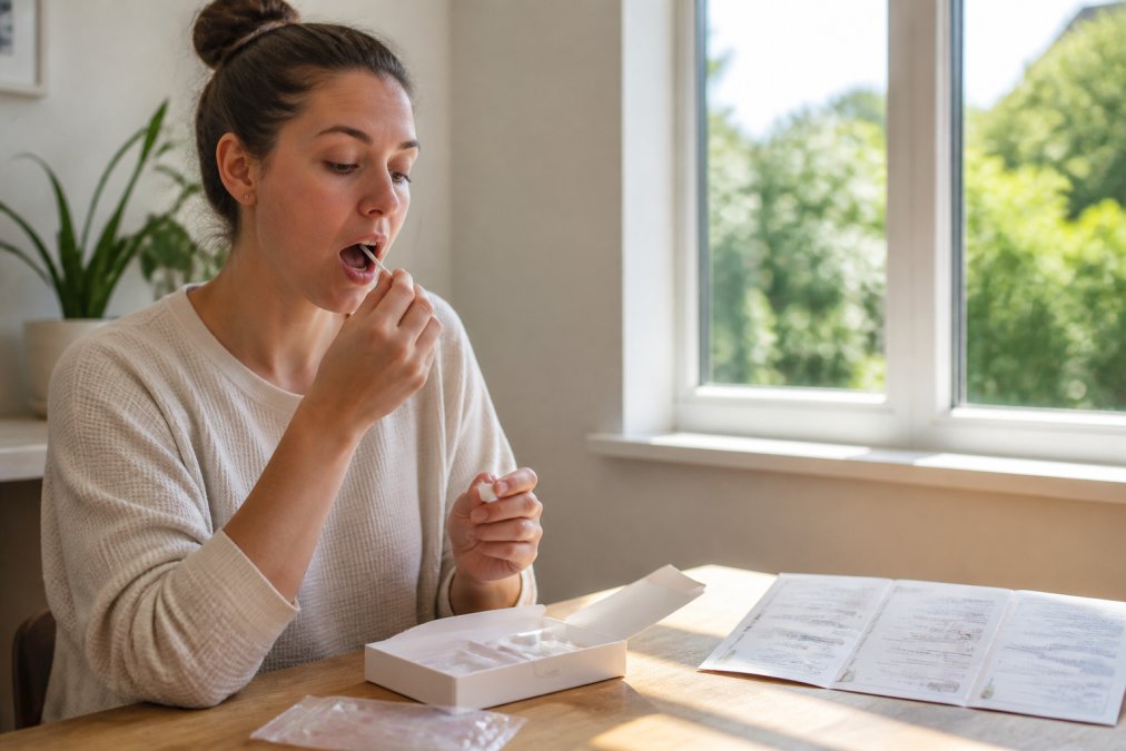 Person collecting a saliva sample at home using a test kit, with clear written instructions on a nearby table, natural morning light streaming through a window