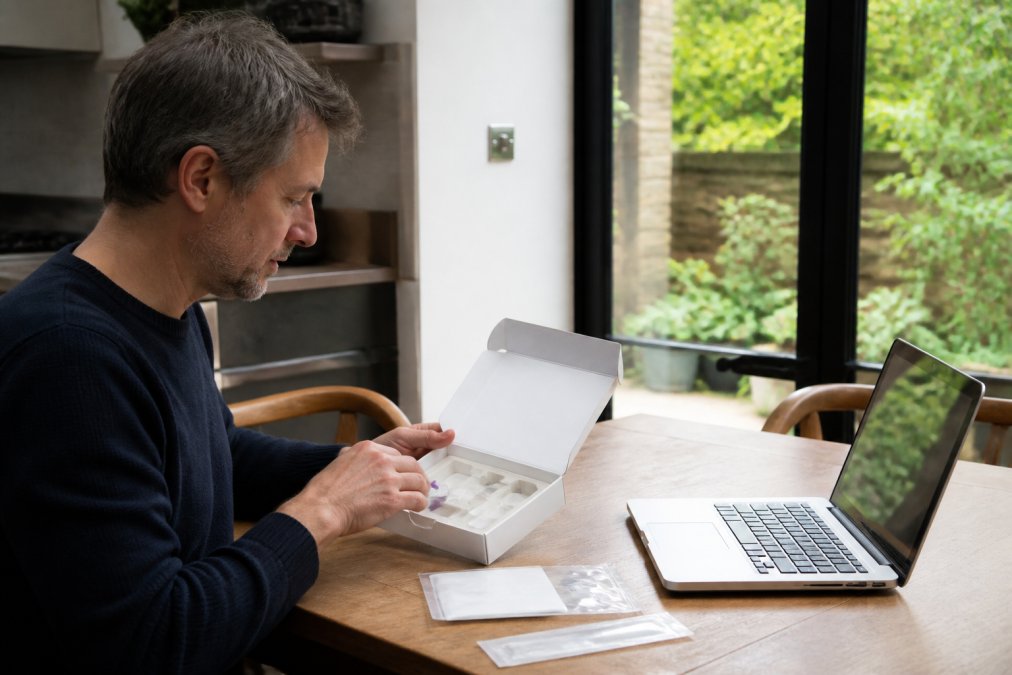 A person opening a DNA test kit at home to compare selfdecode vs avealife health dashboard data insights.