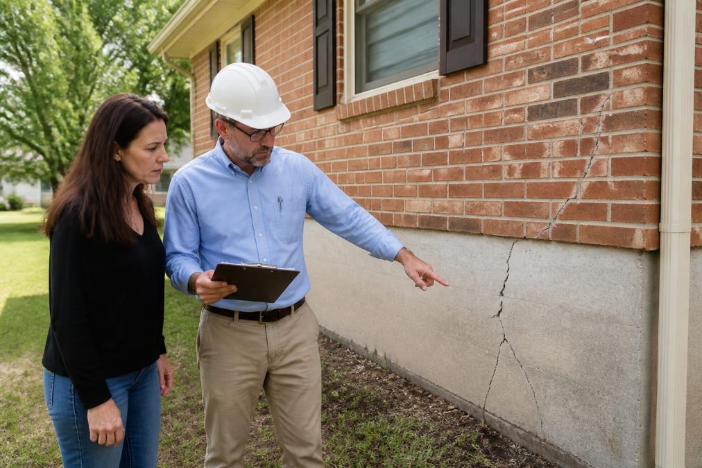 A homeowner and a structural engineer standing outside a brick house in Wichita, reviewing a clipboard with inspection notes while pointing at visible cracks along the home's exterior foundation wall