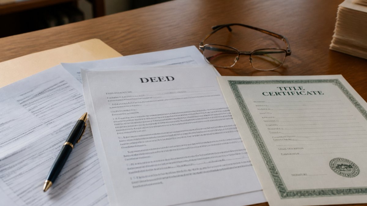 Property documents and a pen on a desk to review an unrecorded deed in Kansas for ownership verification.