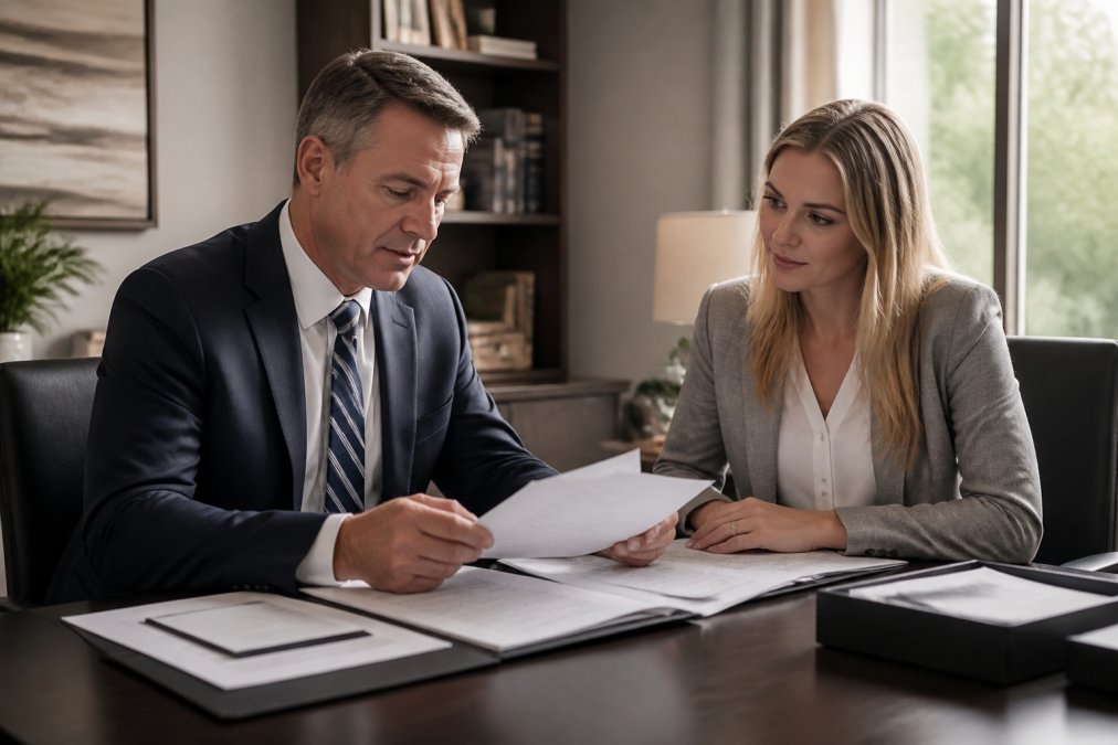 Professional executor reviewing probate court documents and deed transfer paperwork at a desk with a title company representative in a modern office setting with natural lighting
