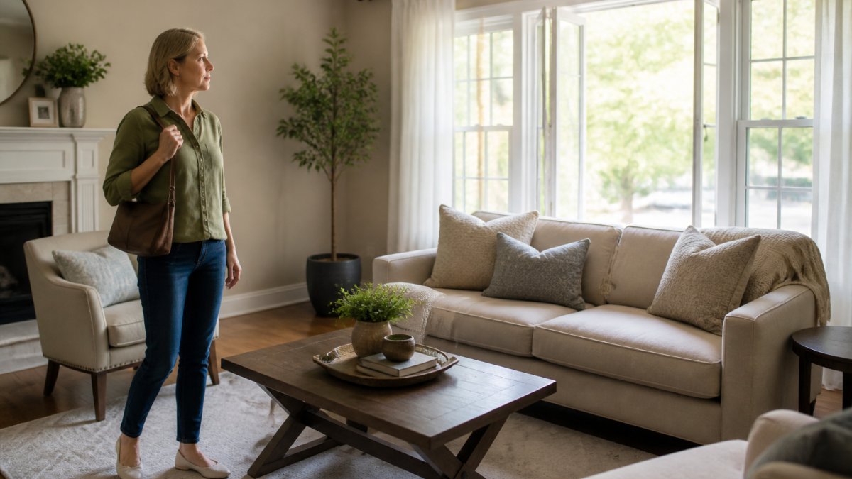 Homeowner walking through a bright living room to sell inherited home after staging for a property showing