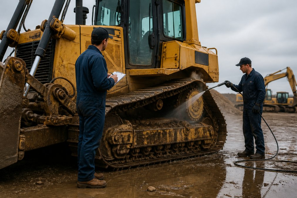 Heavy equipment being inspected and cleaned on a job site, with a mechanic examining the machinery and taking notes on a clipboard