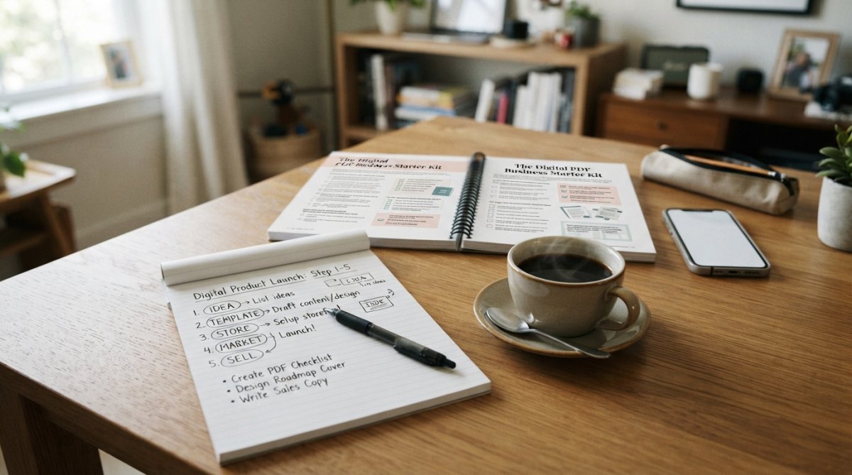 A stay-at-home parent sitting at a home office desk with a laptop, coffee cup, and notepad, smiling while working on creating their first digital product with natural window lighting