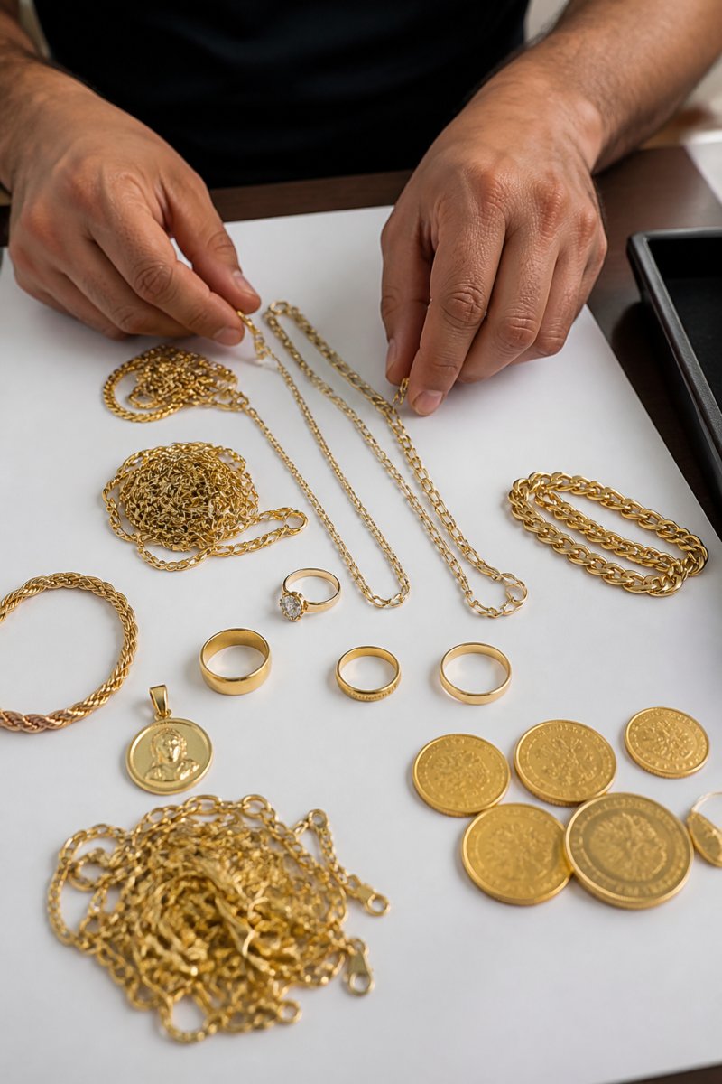 Close-up of hands organizing various gold jewelry items on a clean white surface, showing necklaces, rings, bracelets, and coins arranged neatly and ready for appraisal