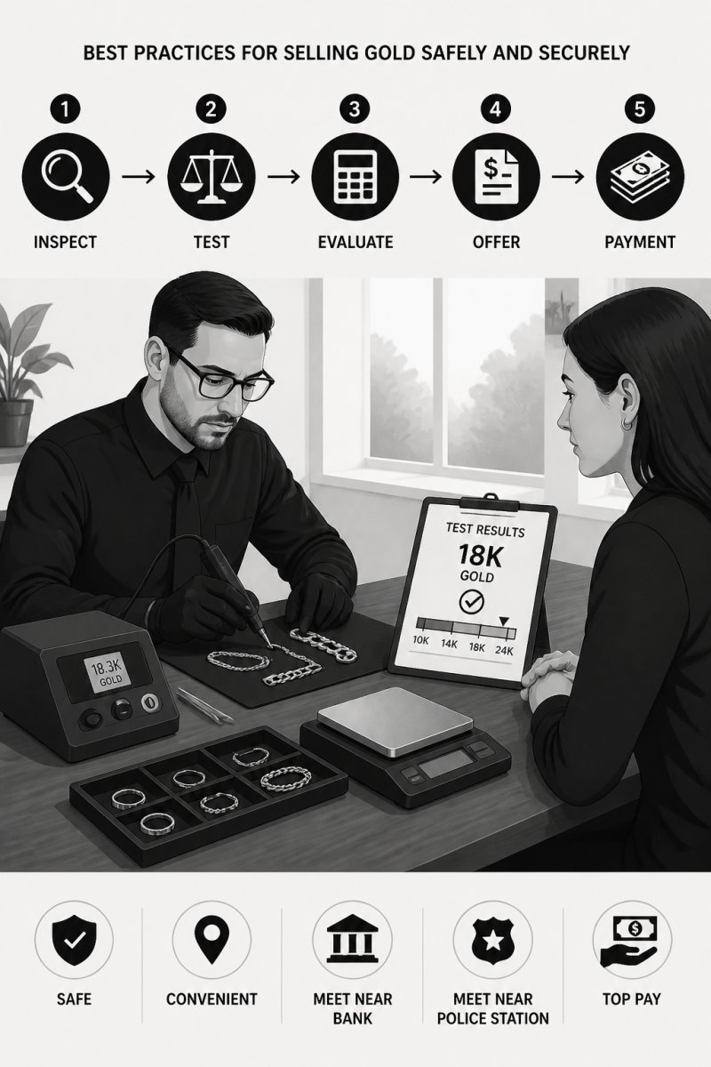 Step-by-step process to sell gold jewelry for cash as a professional appraiser tests items at a wooden table.