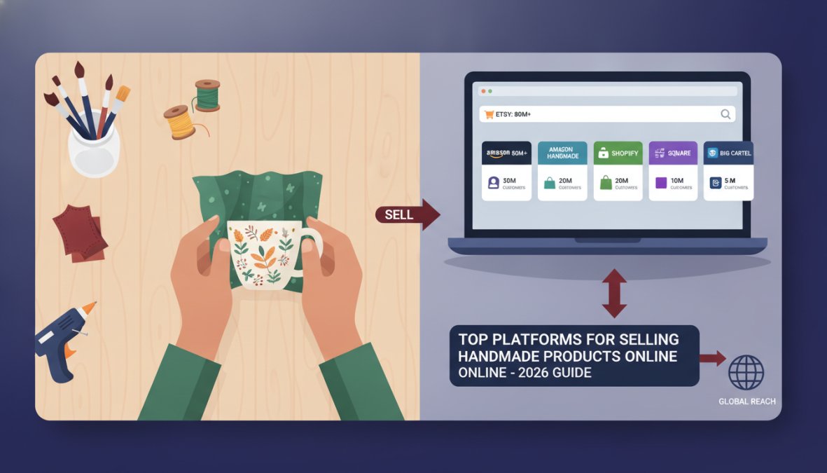 Artisan hands carefully packaging a handmade ceramic mug at a wooden workbench surrounded by craft supplies, tissue paper, and a laptop with multiple marketplace browser tabs open, warm natural window light