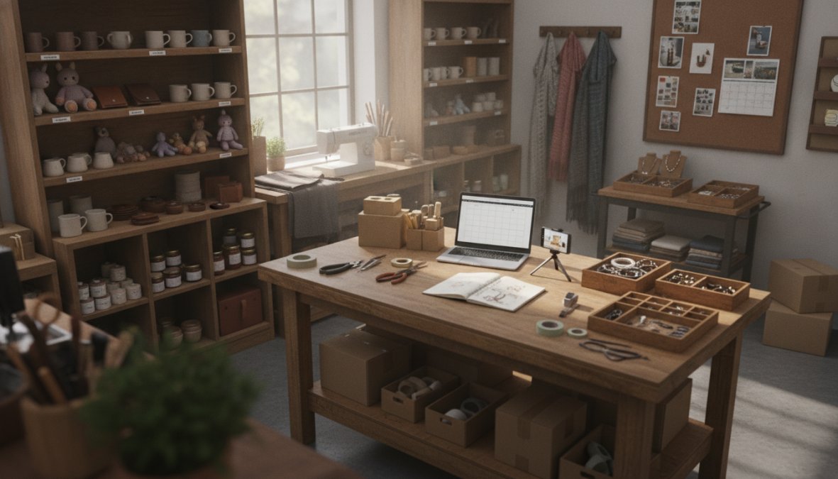 Small business owner seated at a bright home studio desk reviewing order notifications on a laptop screen, organized shelves of handmade ceramic products and packaging materials visible in the background, warm afternoon light